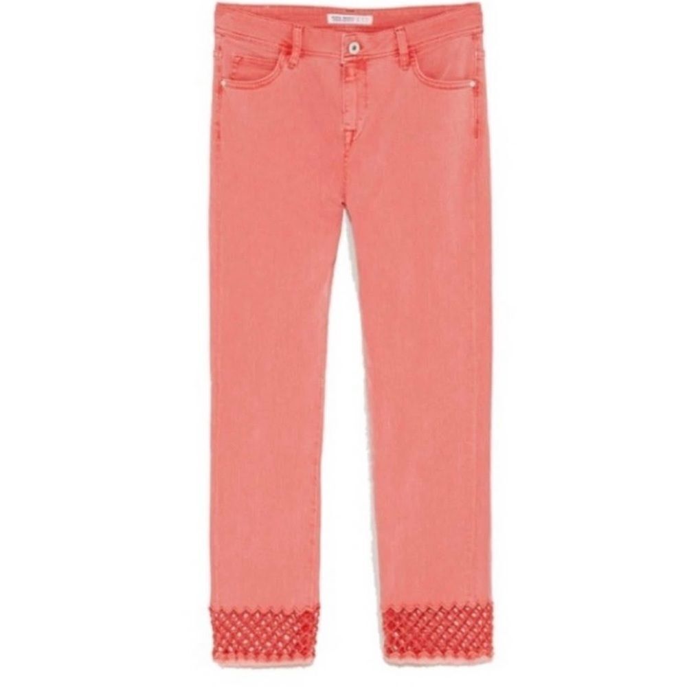ZARA DENIM CROCHET DETAIL JEANS - New Women | Color: Coral | Size: 27 in.
